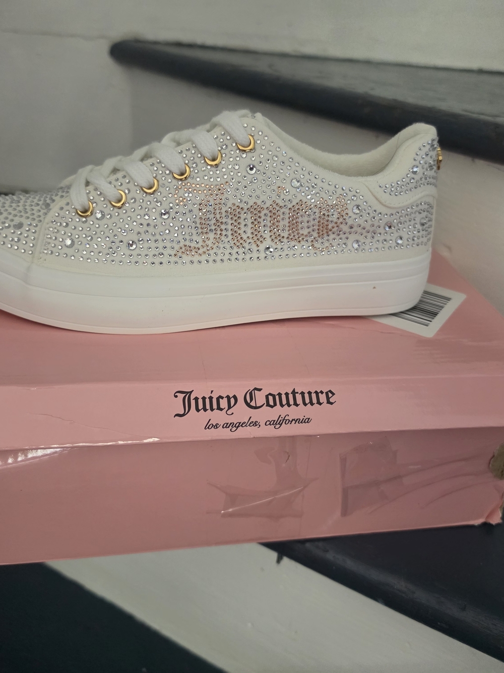 Juicy Couture White Rhinestone Crystal Embellished Lace-Up Sneakers (New with Bo - Picture 9 of 12